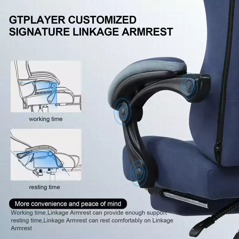 Chaise de jeu GTPLAYER, chaise de bureau en tissu avec accoudoirs liés, chaise d'ordinateur ergonomique
