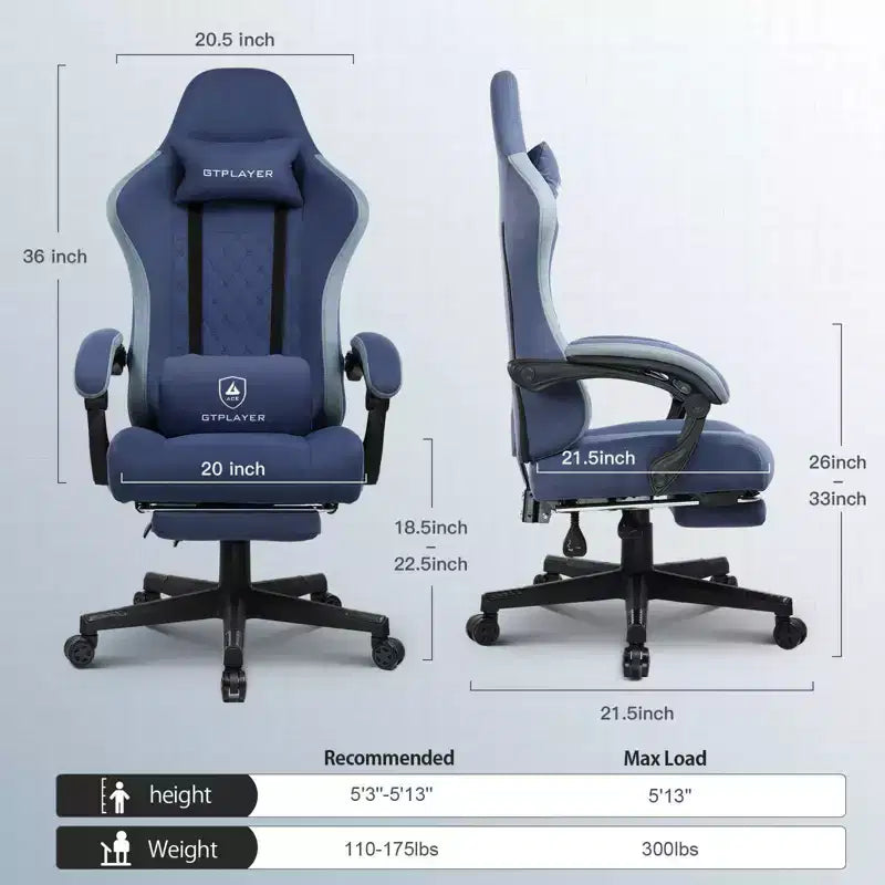 Chaise de jeu GTPLAYER, chaise de bureau en tissu avec accoudoirs liés, chaise d'ordinateur ergonomique