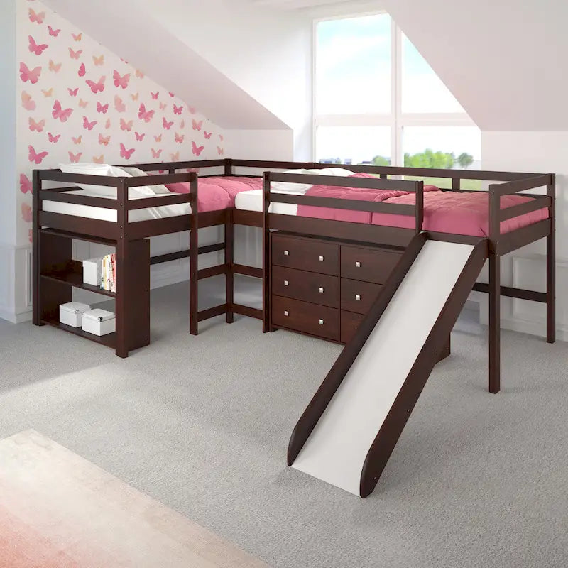 Ensemble de chambre à coucher mezzanine en L à deux lits jumeaux avec toboggan, couleur cappuccino foncé