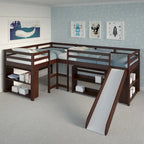 Ensemble de chambre à coucher mezzanine en L à deux lits jumeaux avec toboggan, couleur cappuccino foncé
