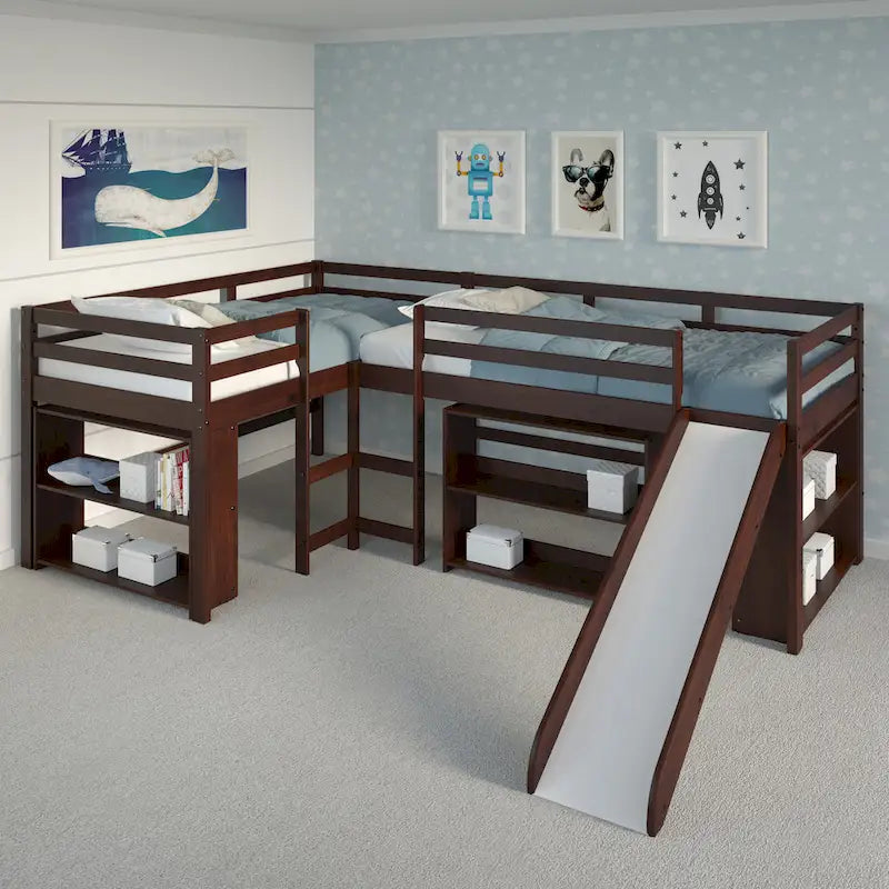 Ensemble de chambre à coucher mezzanine en L à deux lits jumeaux avec toboggan, couleur cappuccino foncé