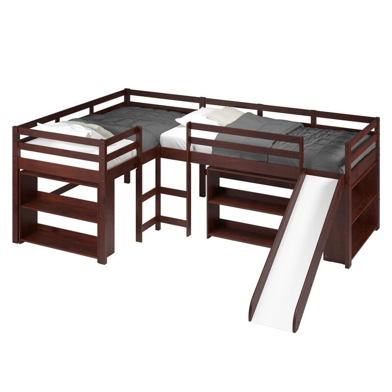 Ensemble de chambre à coucher mezzanine en L à deux lits jumeaux avec toboggan, couleur cappuccino foncé