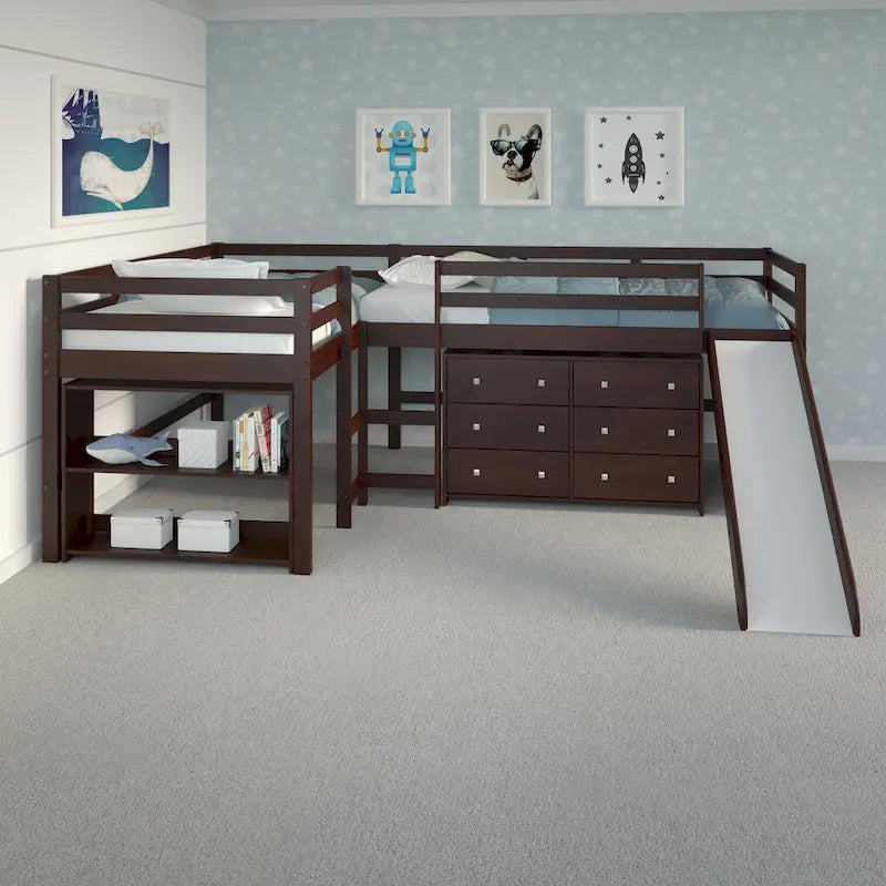 Ensemble de chambre à coucher mezzanine en L à deux lits jumeaux avec toboggan, couleur cappuccino foncé