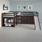 Ensemble de chambre à coucher mezzanine en L à deux lits jumeaux avec toboggan, couleur cappuccino foncé