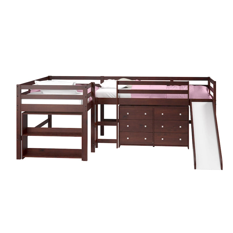 Ensemble de chambre à coucher mezzanine en L à deux lits jumeaux avec toboggan, couleur cappuccino foncé