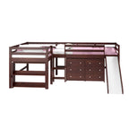 Ensemble de chambre à coucher mezzanine en L à deux lits jumeaux avec toboggan, couleur cappuccino foncé