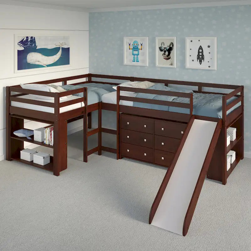 Ensemble de chambre à coucher mezzanine en L à deux lits jumeaux avec toboggan, couleur cappuccino foncé