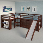 Ensemble de chambre à coucher mezzanine en L à deux lits jumeaux avec toboggan, couleur cappuccino foncé