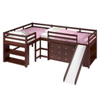 Ensemble de chambre à coucher mezzanine en L à deux lits jumeaux avec toboggan, couleur cappuccino foncé