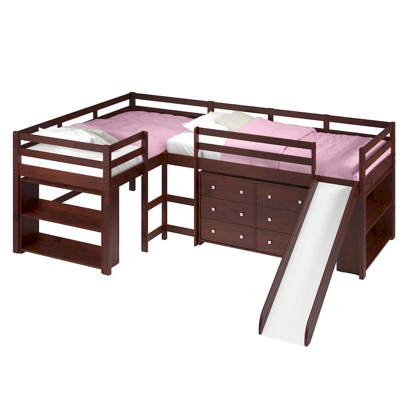 Ensemble de chambre à coucher mezzanine en L à deux lits jumeaux avec toboggan, couleur cappuccino foncé