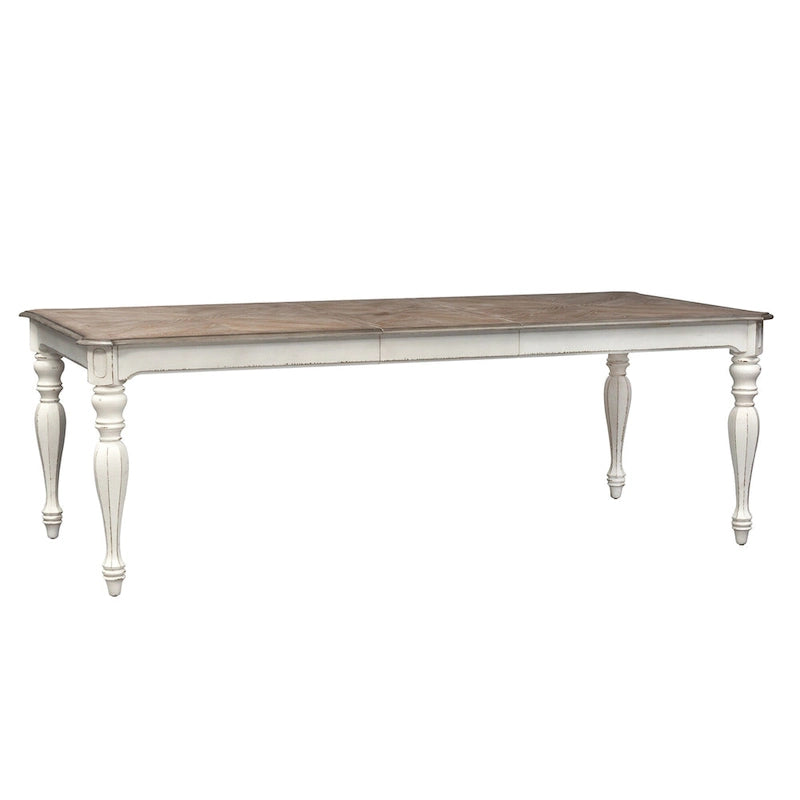 Table à manger à pieds tournés, en chêne vieilli blanc antique