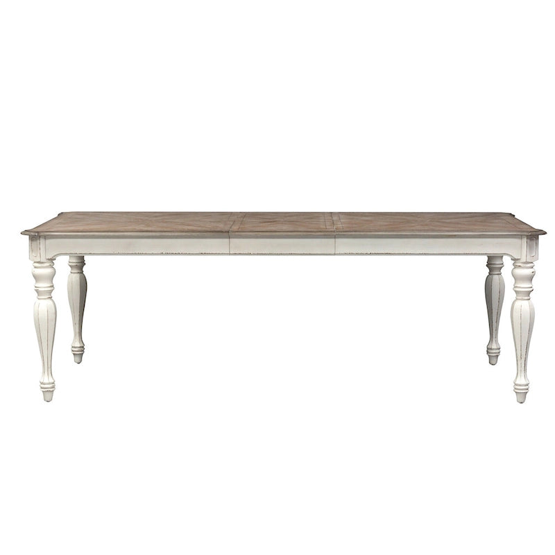 Table à manger à pieds tournés, en chêne vieilli blanc antique