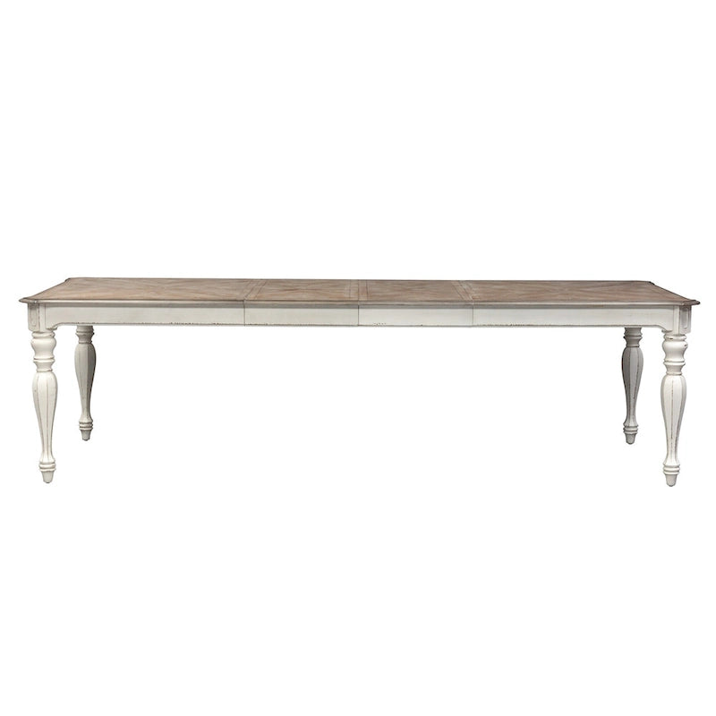 Table à manger à pieds tournés, en chêne vieilli blanc antique