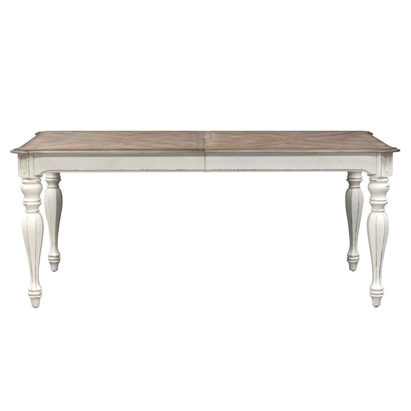 Table à manger à pieds tournés, en chêne vieilli blanc antique