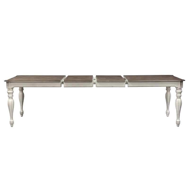 Table à manger à pieds tournés, en chêne vieilli blanc antique