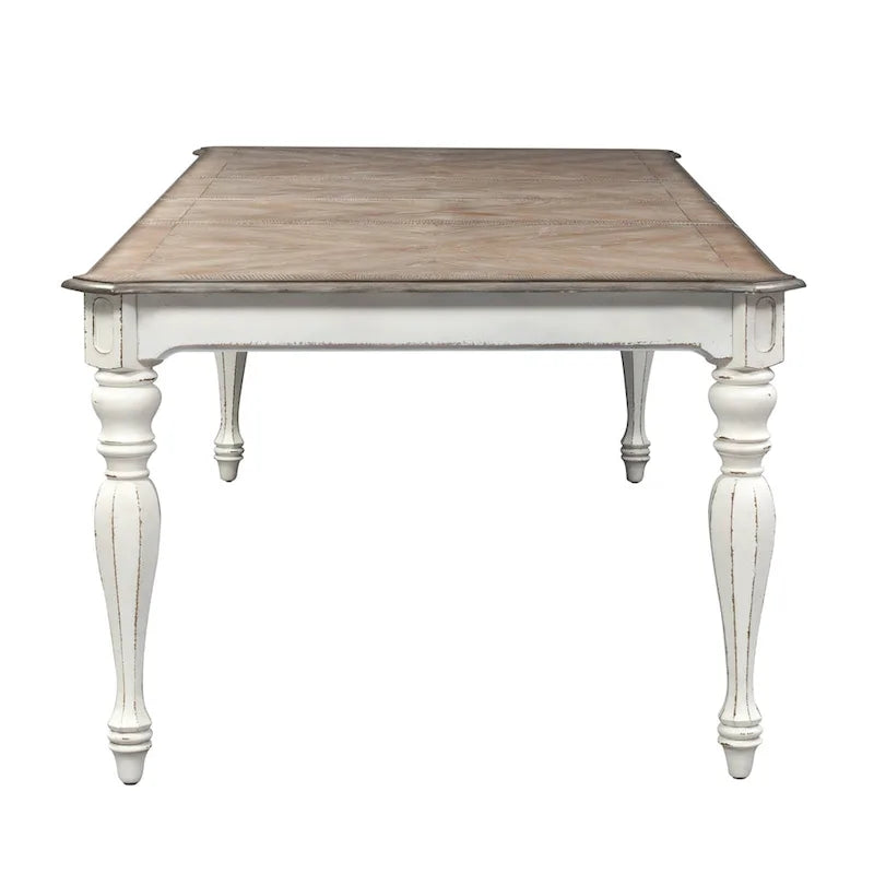 Table à manger à pieds tournés, en chêne vieilli blanc antique