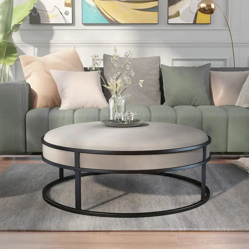 Chista Contemporary Round Fabric Ottoman with Cushion
