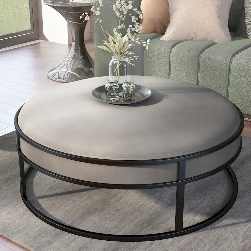 Chista Contemporary Round Fabric Ottoman with Cushion