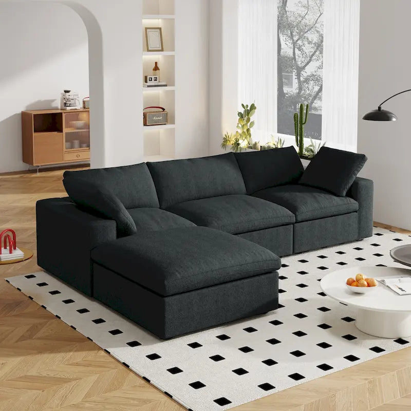 Canapé d'angle moderne en lin en forme de L 120", modulable, avec pouf de rangement