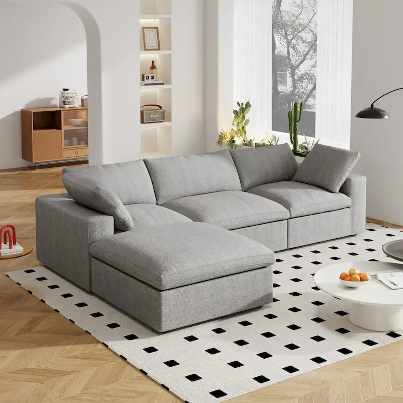 Canapé d'angle moderne en lin en forme de L 120", modulable, avec pouf de rangement