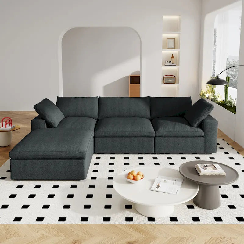 Canapé d'angle moderne en lin en forme de L 120", modulable, avec pouf de rangement