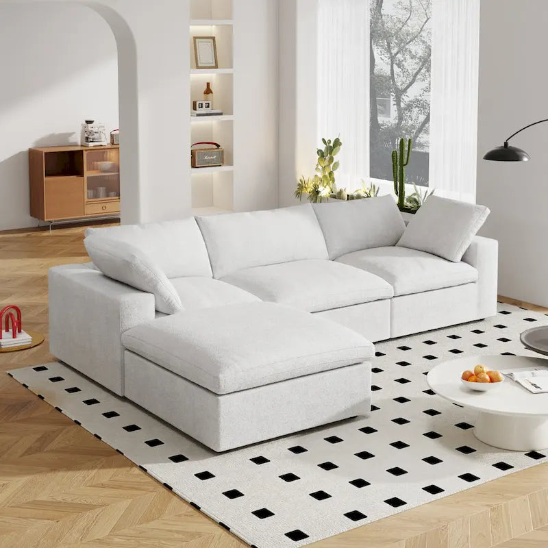 Canapé d'angle moderne en lin en forme de L 120", modulable, avec pouf de rangement