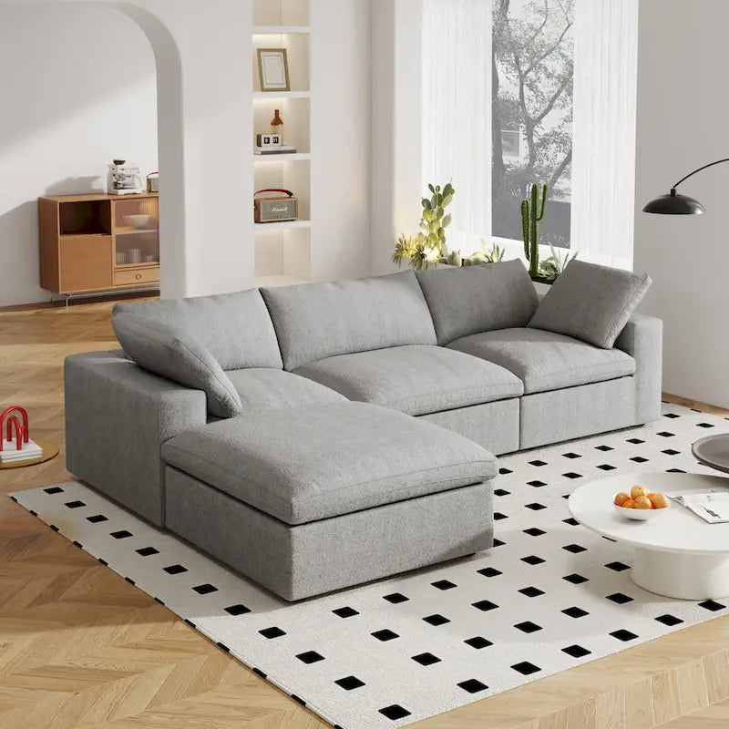 Canapé d'angle moderne en lin en forme de L 120", modulable, avec pouf de rangement