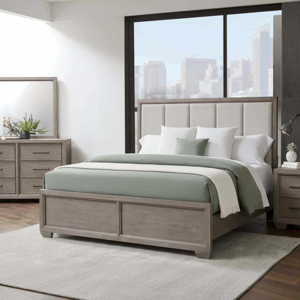 Roundhill Furniture Ennesley Gray Wood Bedroom Set with Upholstered Panel Bed, Dresser, Mirror, and Nightstand