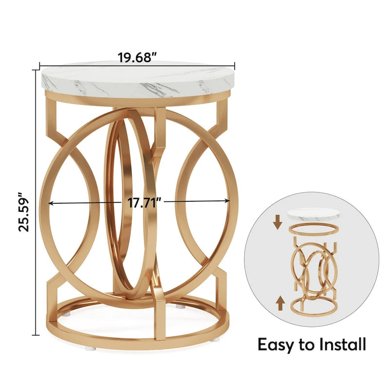 Table d'appoint dorée, Table d'appoint ronde avec plateau en faux marbre