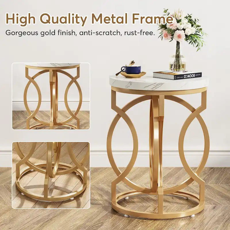 Gold End Table, Round Side Table with Faux Marble Top
