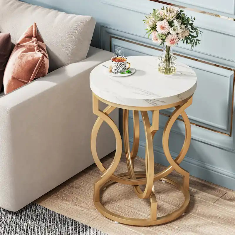 Table d'appoint dorée, Table d'appoint ronde avec plateau en faux marbre