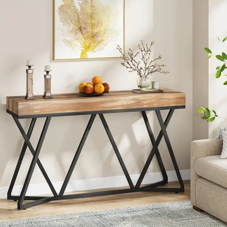 Console en bois de 55 pouces, table de canapé, table d'entrée avec pieds en métal uniques
