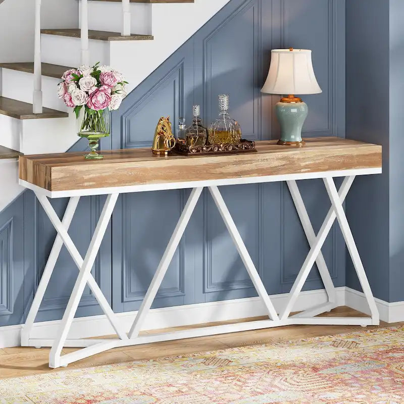 Console en bois de 55 pouces, table de canapé, table d'entrée avec pieds en métal uniques