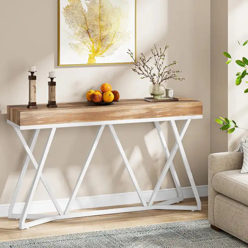 Console en bois de 55 pouces, table de canapé, table d'entrée avec pieds en métal uniques