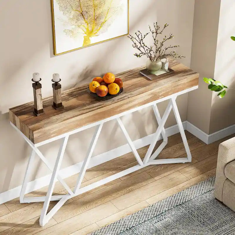 Console en bois de 55 pouces, table de canapé, table d'entrée avec pieds en métal uniques