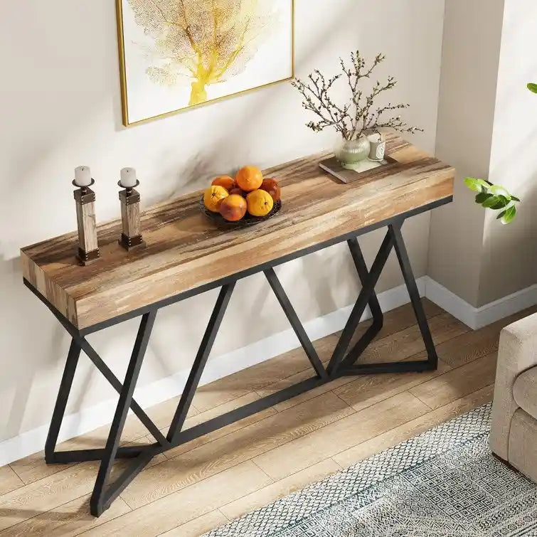 Console en bois de 55 pouces, table de canapé, table d'entrée avec pieds en métal uniques