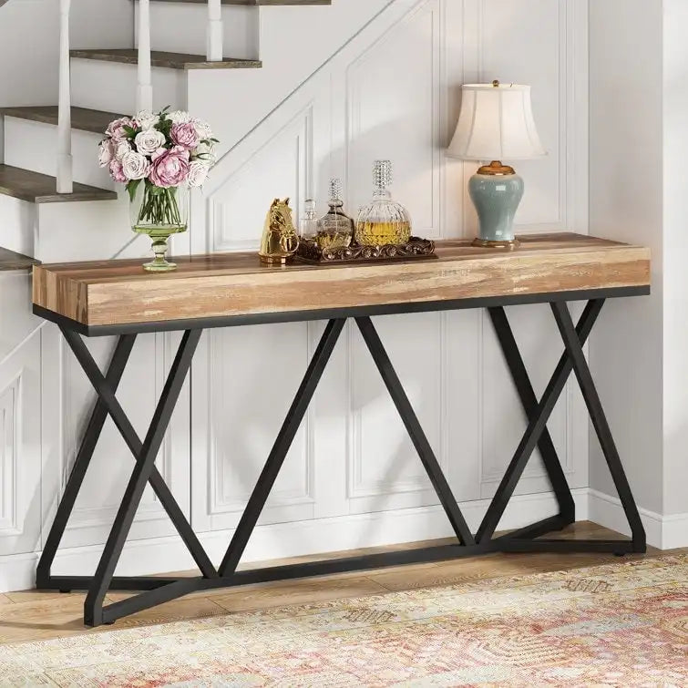 Console en bois de 55 pouces, table de canapé, table d'entrée avec pieds en métal uniques