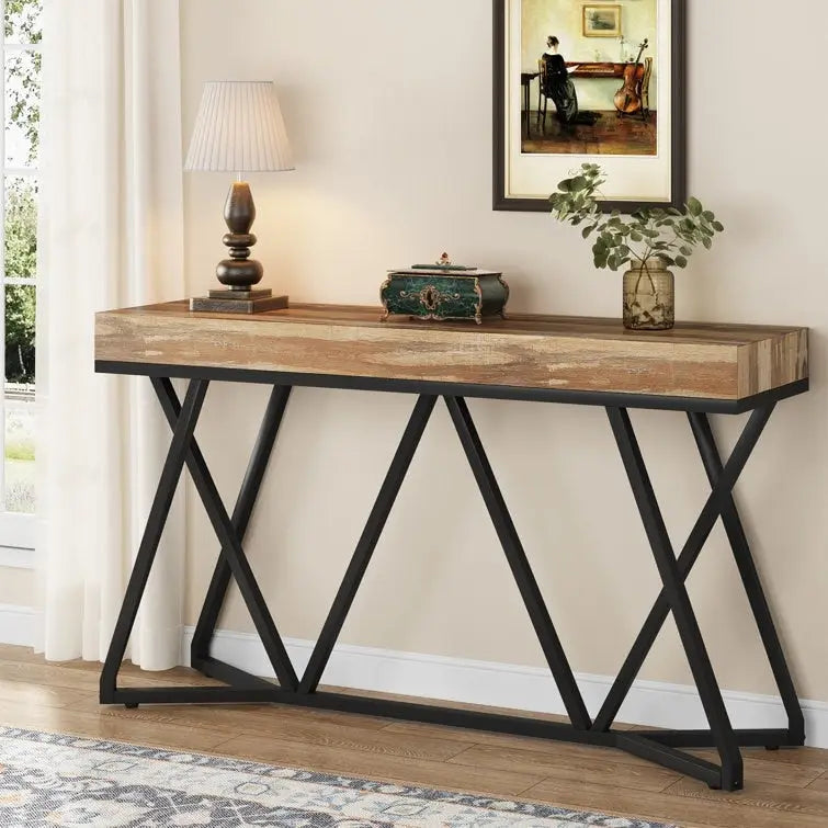 Console en bois de 55 pouces, table de canapé, table d'entrée avec pieds en métal uniques