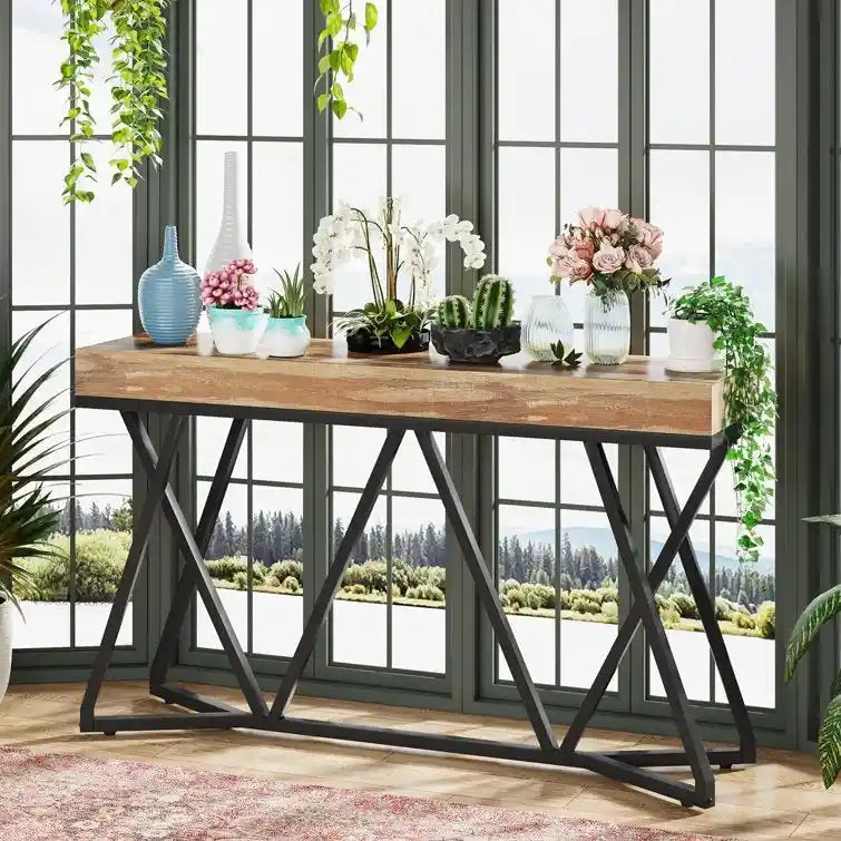 Console en bois de 55 pouces, table de canapé, table d'entrée avec pieds en métal uniques