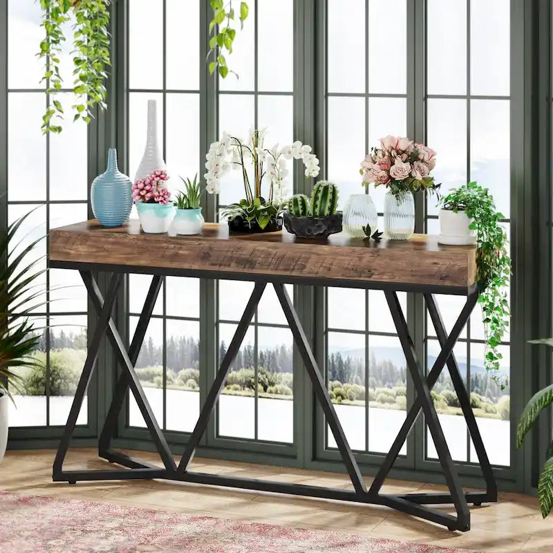 Console en bois de 55 pouces, table de canapé, table d'entrée avec pieds en métal uniques