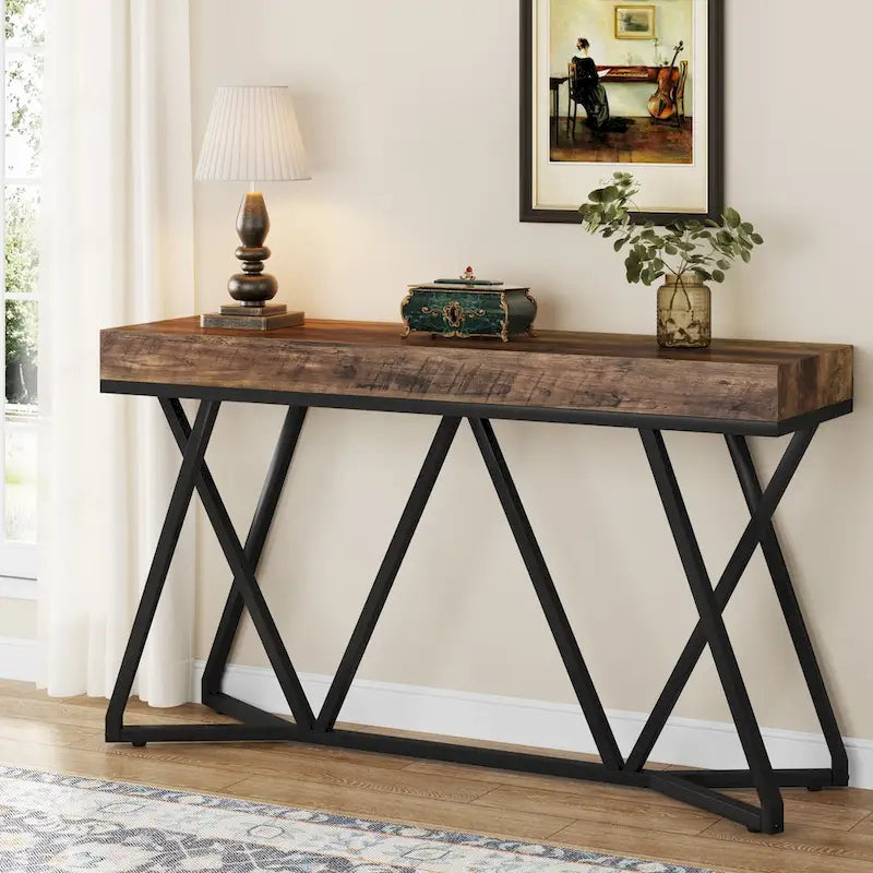 Console en bois de 55 pouces, table de canapé, table d'entrée avec pieds en métal uniques