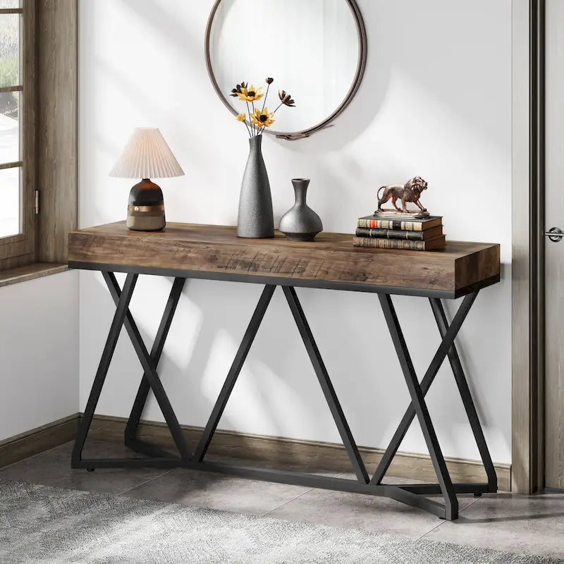 Console en bois de 55 pouces, table de canapé, table d'entrée avec pieds en métal uniques