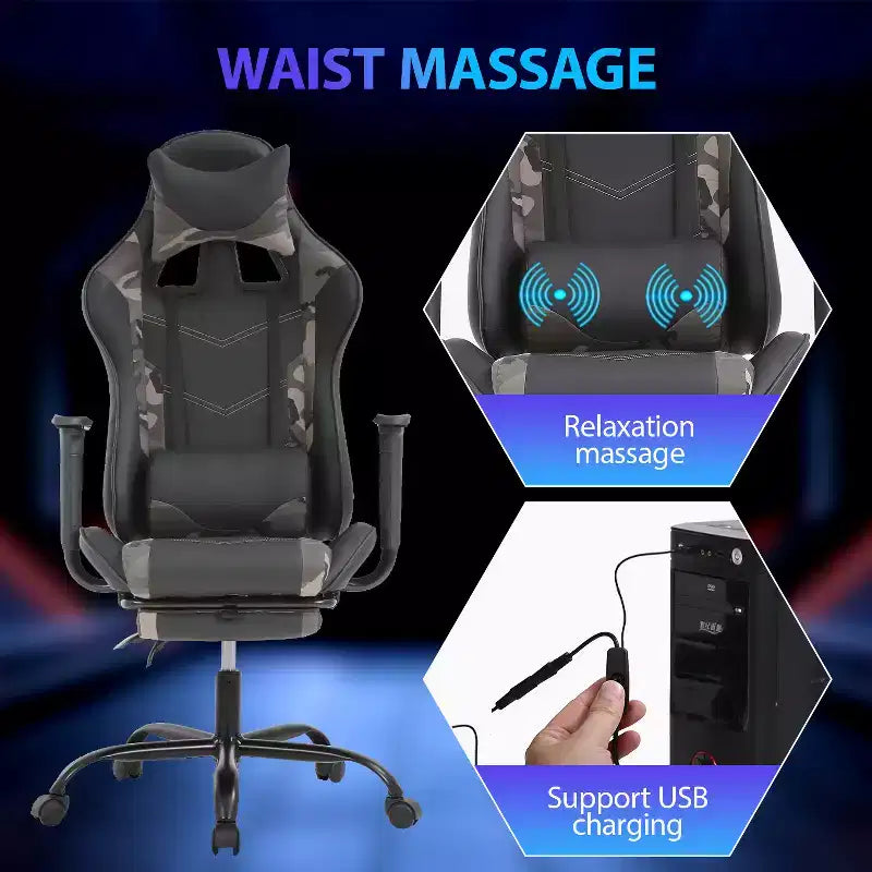 FDW Chaise de jeu de course, Chaises de jeu vidéo avec bureau d'ordinateur, Support lombaire et appui-tête en cuir PU, Siège pivotant à 360°