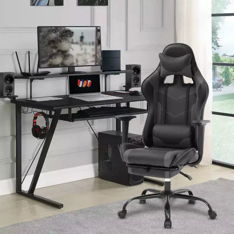 FDW Chaise de jeu de course, Chaises de jeu vidéo avec bureau d'ordinateur, Support lombaire et appui-tête en cuir PU, Siège pivotant à 360°