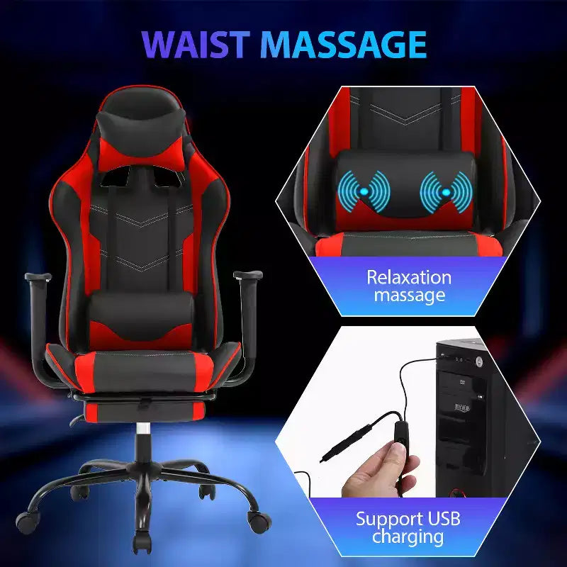FDW Chaise de jeu de course, Chaises de jeu vidéo avec bureau d'ordinateur, Support lombaire et appui-tête en cuir PU, Siège pivotant à 360°