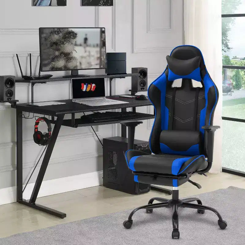 FDW Chaise de jeu de course, Chaises de jeu vidéo avec bureau d'ordinateur, Support lombaire et appui-tête en cuir PU, Siège pivotant à 360°