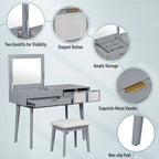 Coiffeuse de style moderne avec miroir rabattable, tabouret rembourré et tiroirs