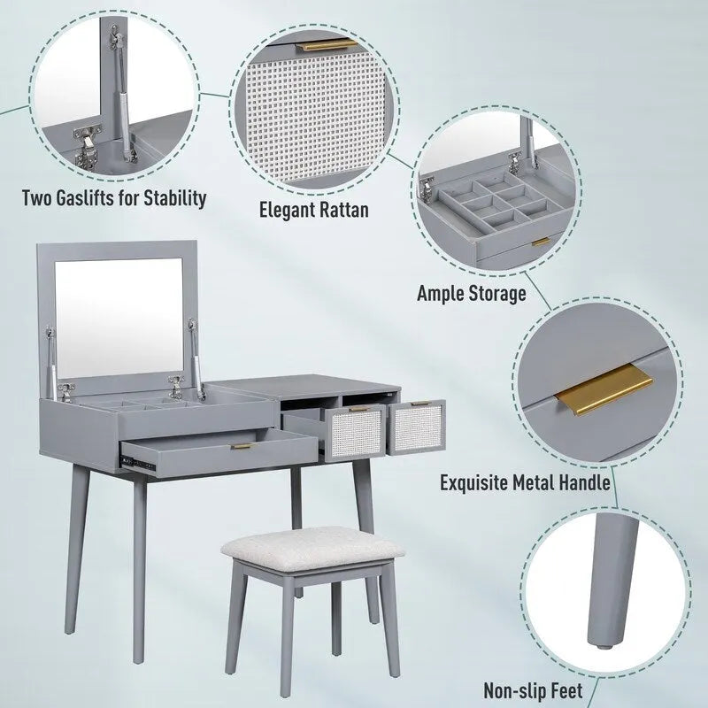 Coiffeuse de style moderne avec miroir rabattable, tabouret rembourré et tiroirs