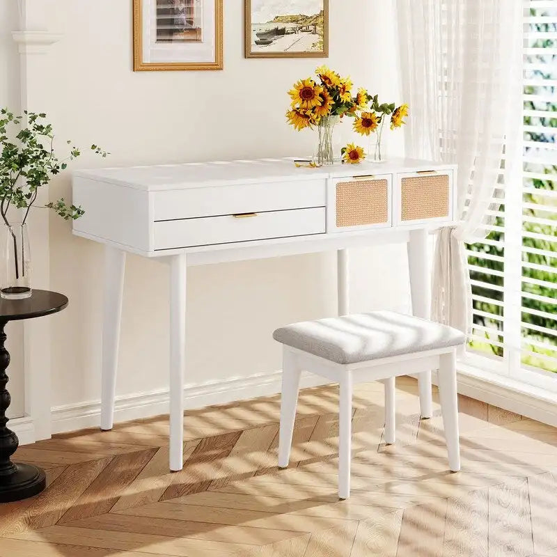 Coiffeuse de style moderne avec miroir rabattable, tabouret rembourré et tiroirs