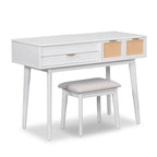 Coiffeuse de style moderne avec miroir rabattable, tabouret rembourré et tiroirs